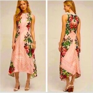 Anthro Pankaj & Nidhi Butterfly Garden Pink Midi Dress Beaded Asymmetric Size 8